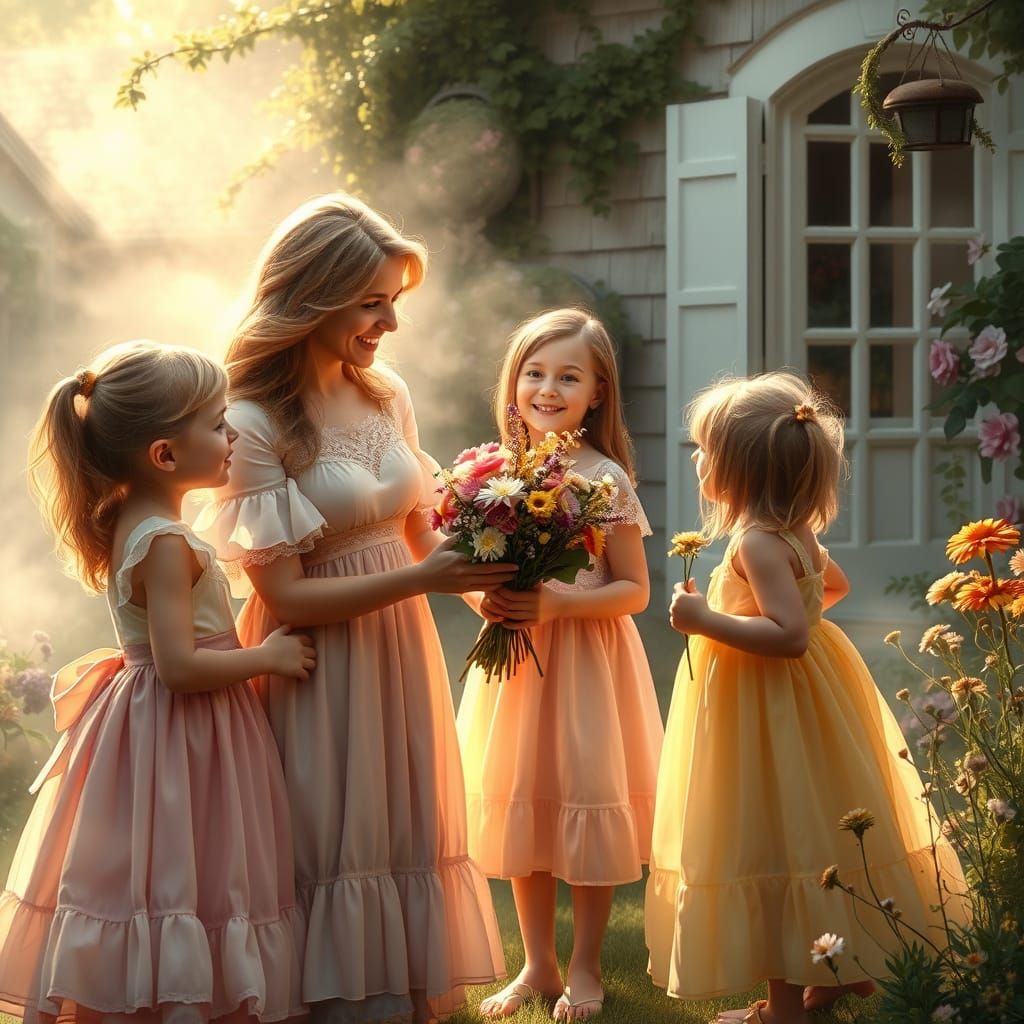 Mother and Children in Whimsical Cottage Garden