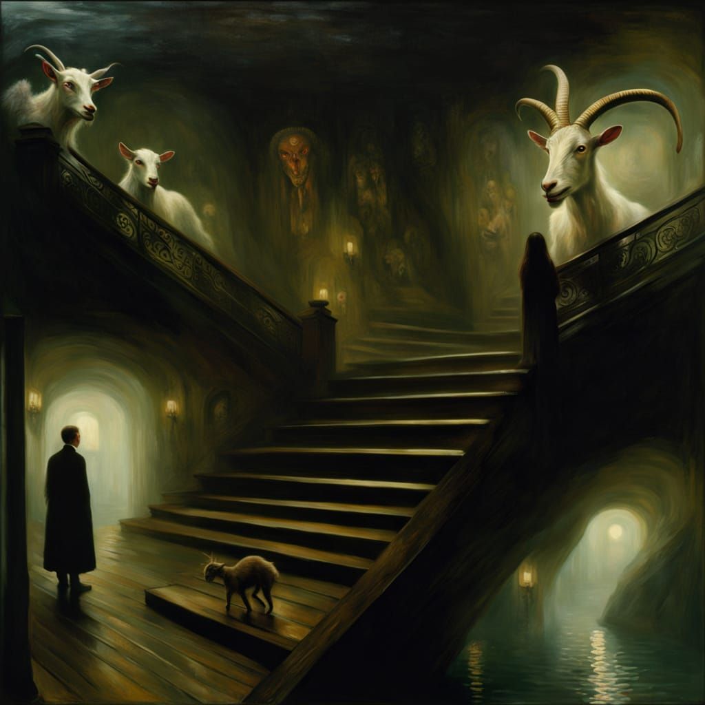 Goat Descending Stairs into Fog: Surreal Oil Painting