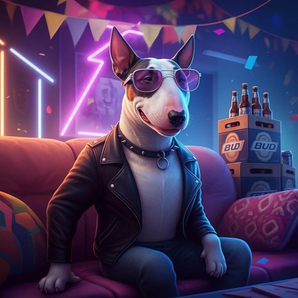 Anthropomorphic Bull Terrier Party in 80s Pop Art Style