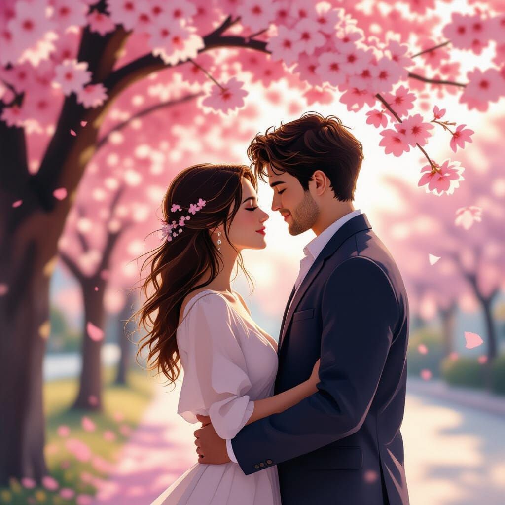 Silhouetted Lovers Under Blossoming Tree in Dreamy Style