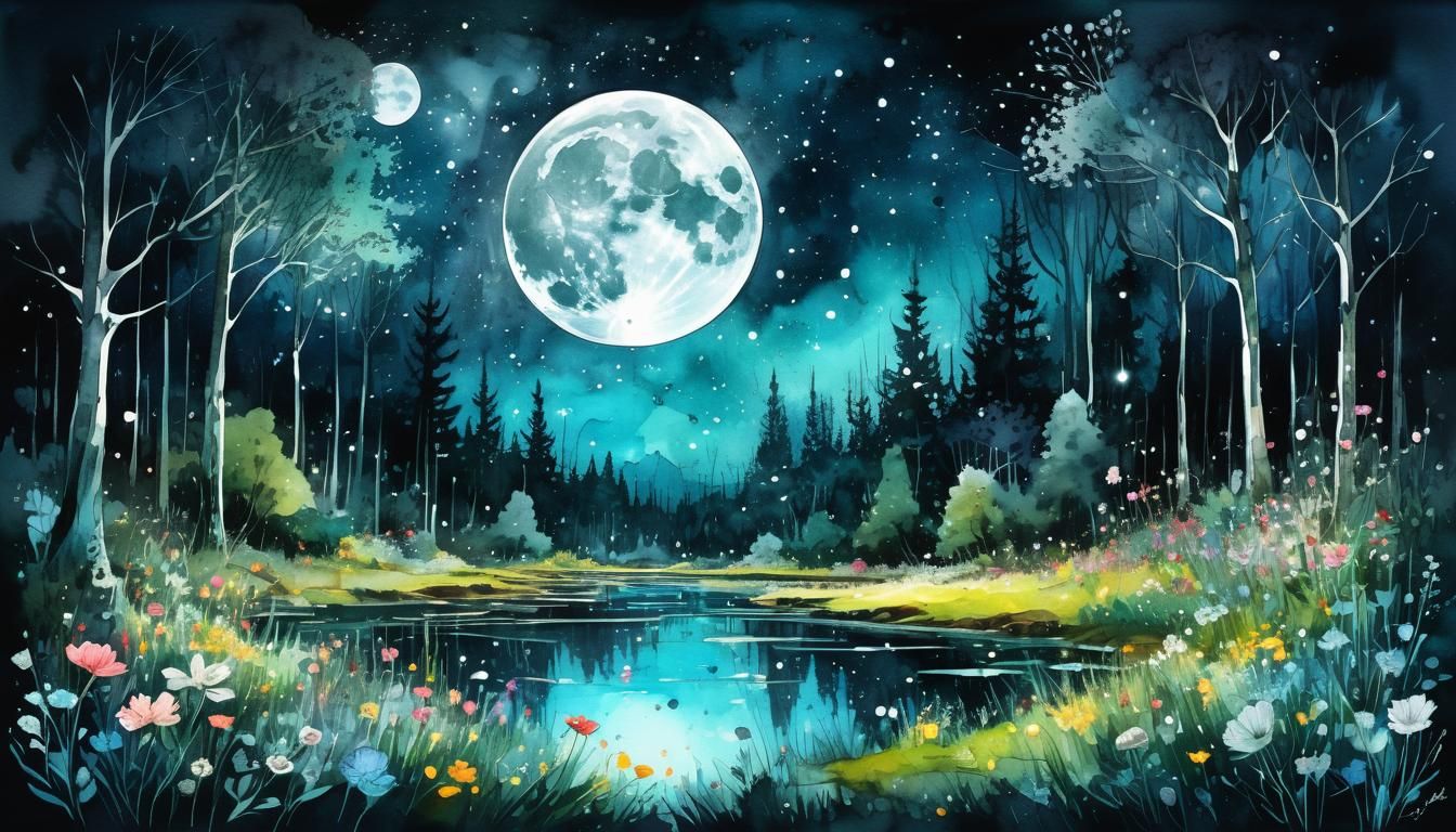 Moonlit Meadow in Watercolor Fantasy Art