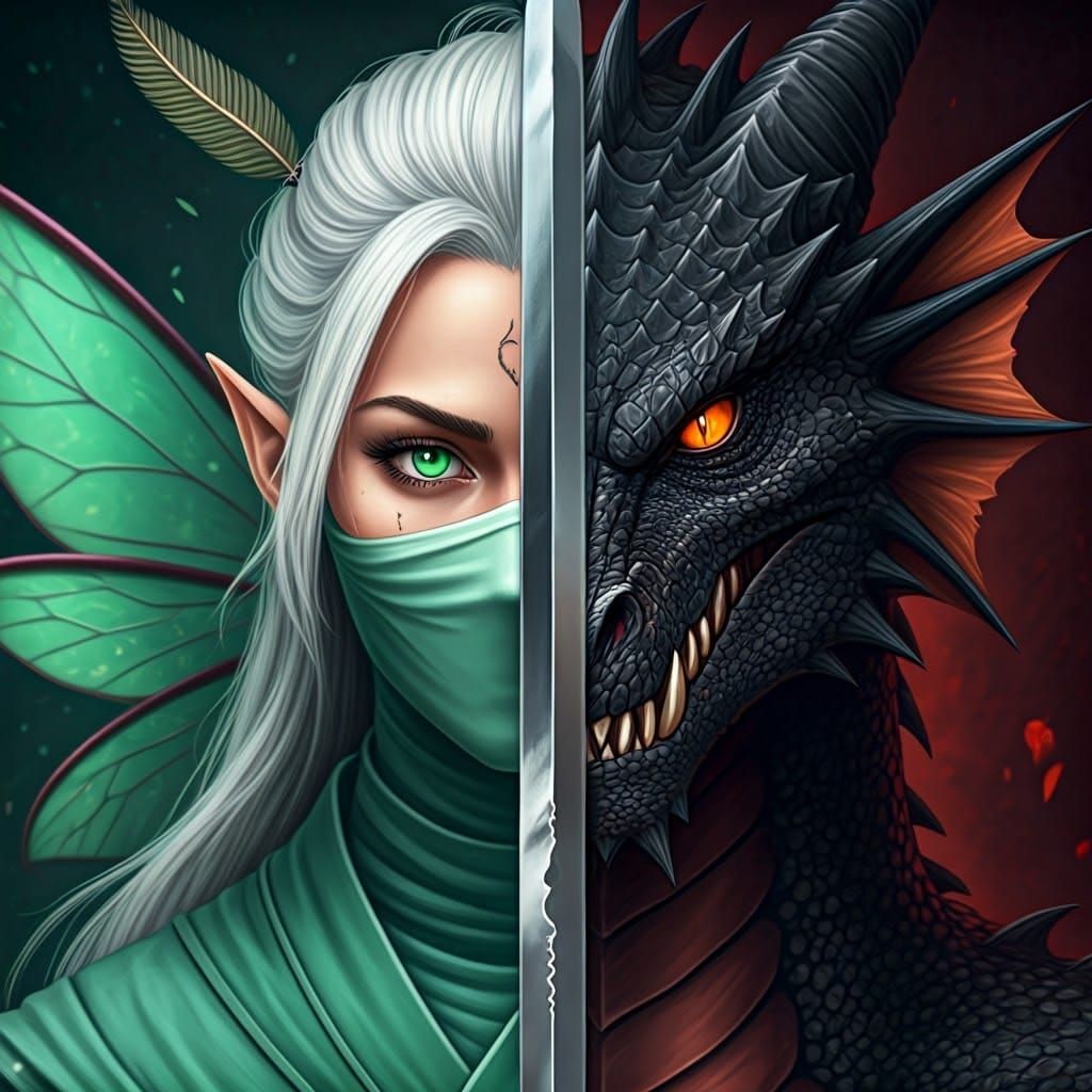 Epic Dragon Fairy Split-Image Portrait with Metal Sword
