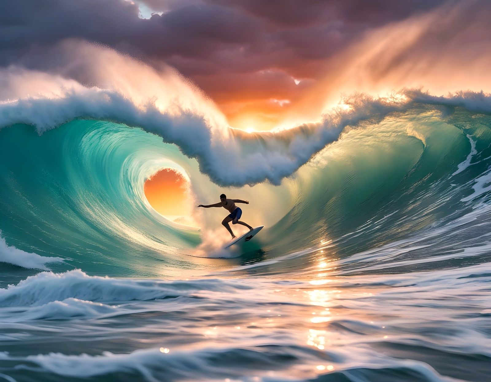 Surfer Rides Iridescent Wave in Golden Hour