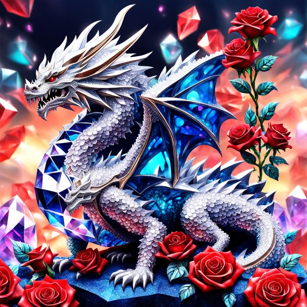 Crystalline Dragon and Roses Digital Art