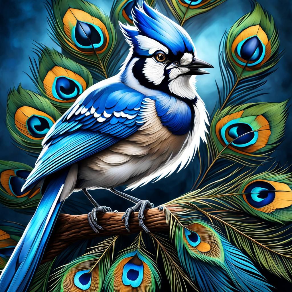 Blue Jay with Peacock Feathers in HDR