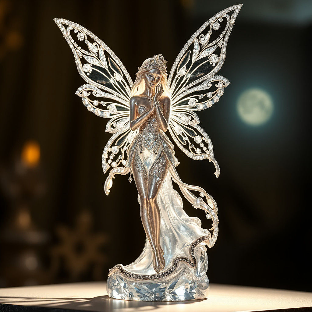 Sparkling Fairy Statue Lit by Moonlight