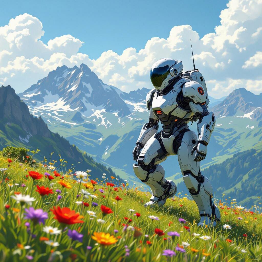 Mech Pilot on Mountain Summit in Concept Art Style