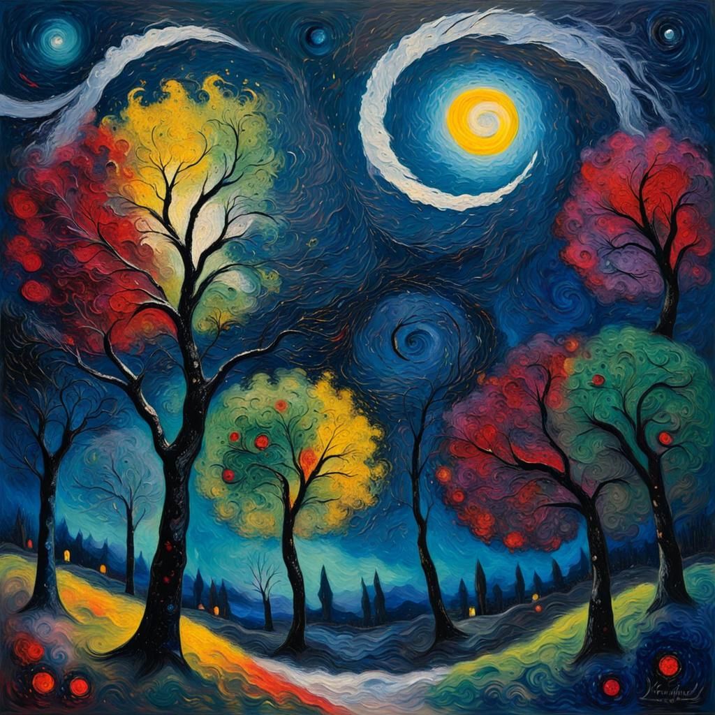 Wind Swept Trees Under Starlit Sky: Impasto Oil Painting