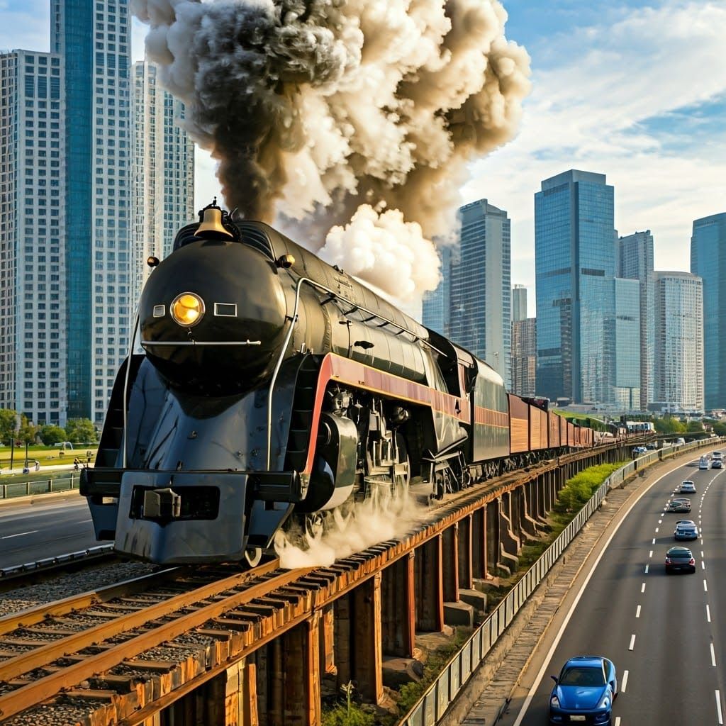 Vintage Train Meets Modern Cityscape