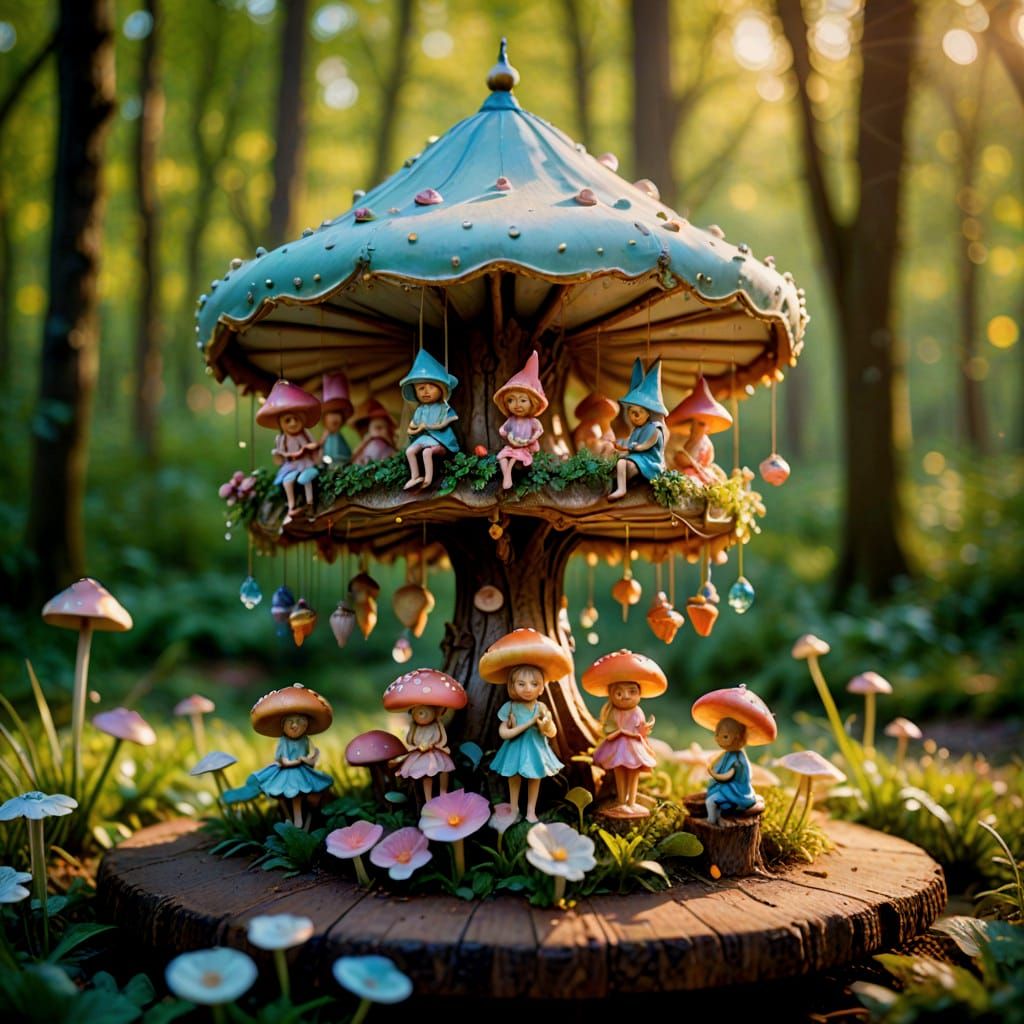 Macro Photography of Whimsical Fairy Babies Riding Mushroom...
