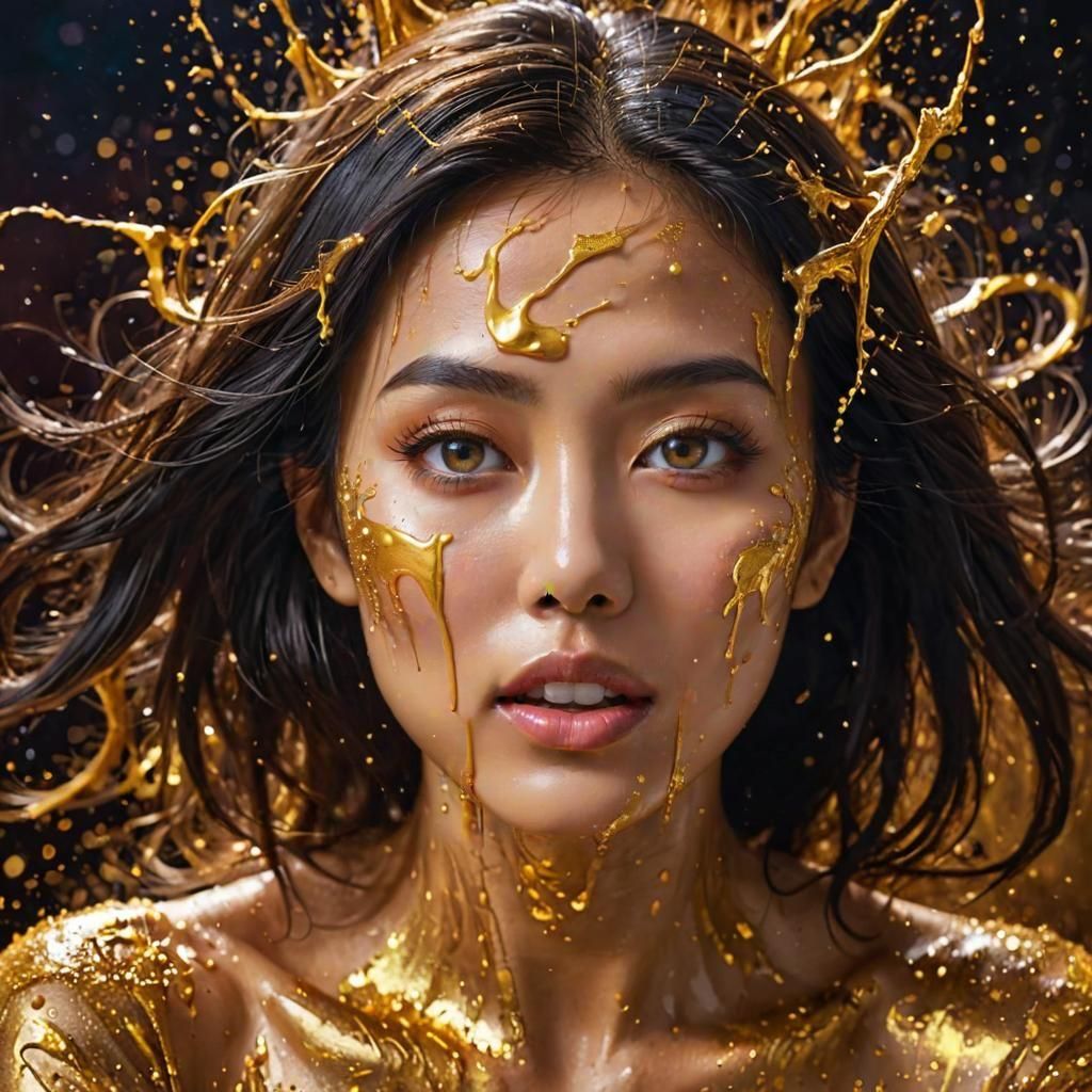 Cosmic Gold Liquid Over Asian Woman: Pop Art