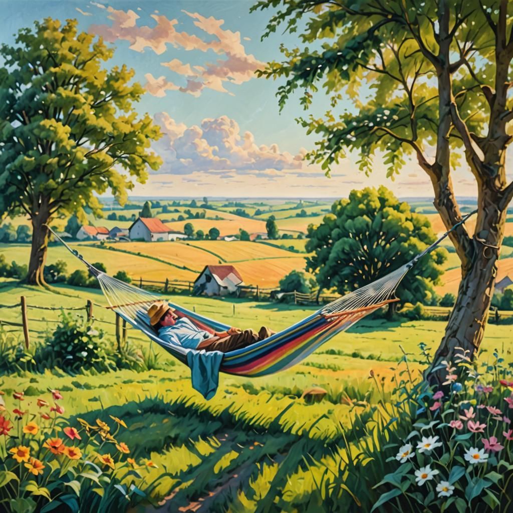 Summer Farm: Pastel Art of Hammock Scene
