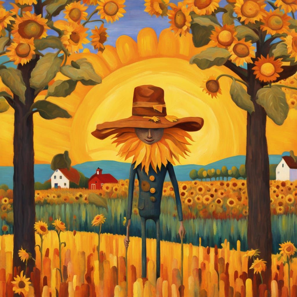 Whimsical Scarecrow in Sunflower Field, Autumnal Golden Hour