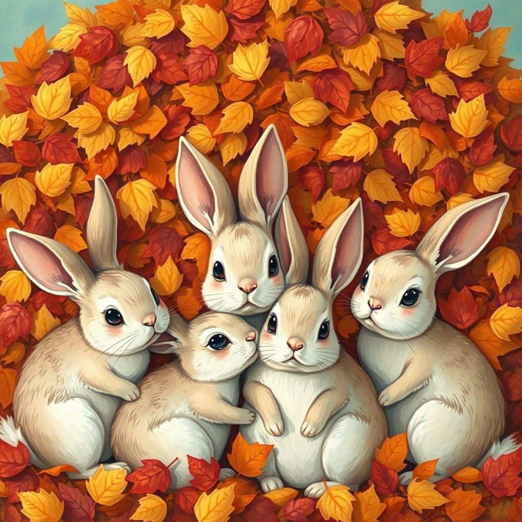 Whimsical Rabbits in Autumn Leaves Storybook Illustration