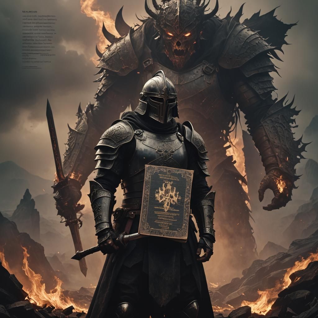 Apocalyptic Warrior with Sacred Text in Gothic Style