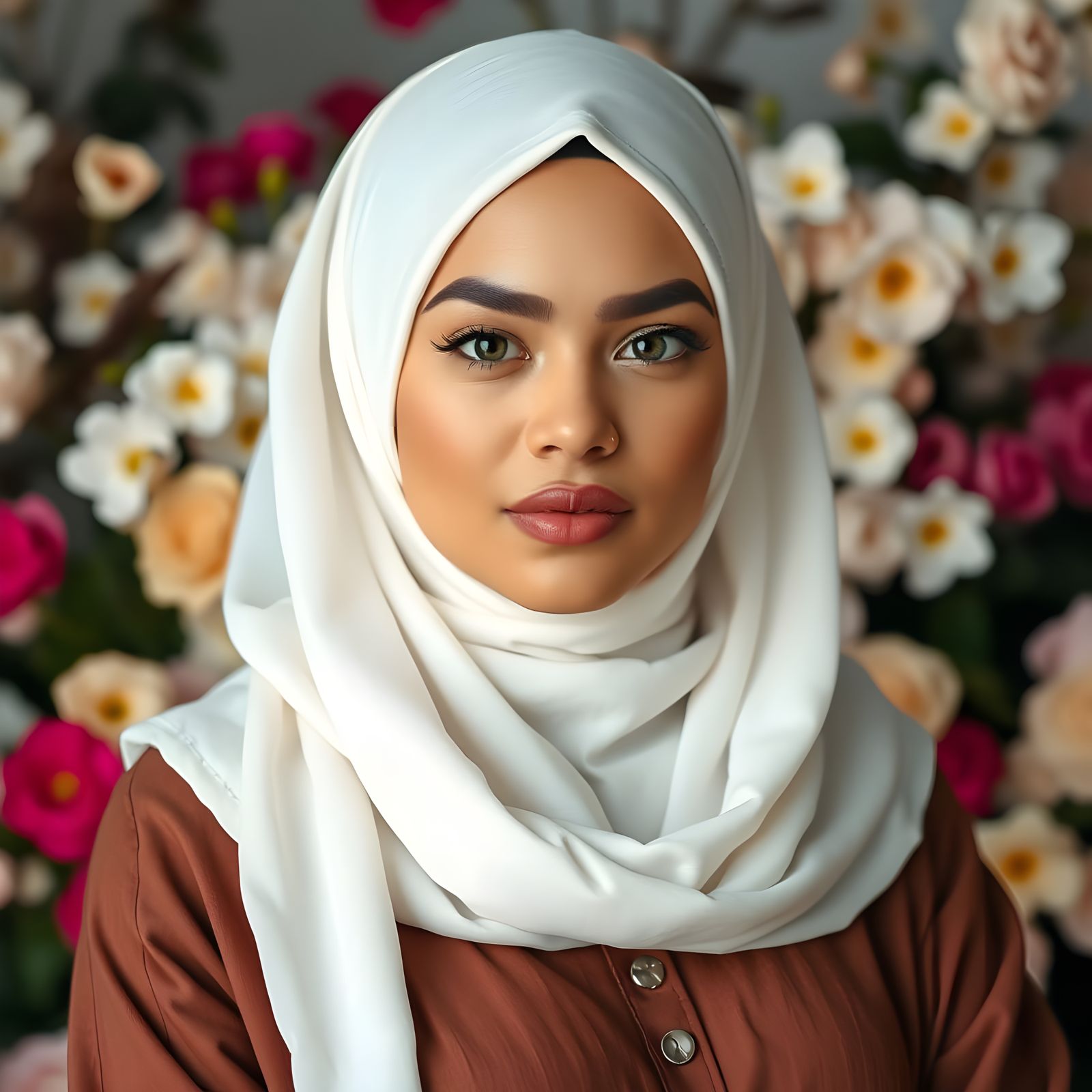 Elegant Hijabi Woman Portrait with Floral Background