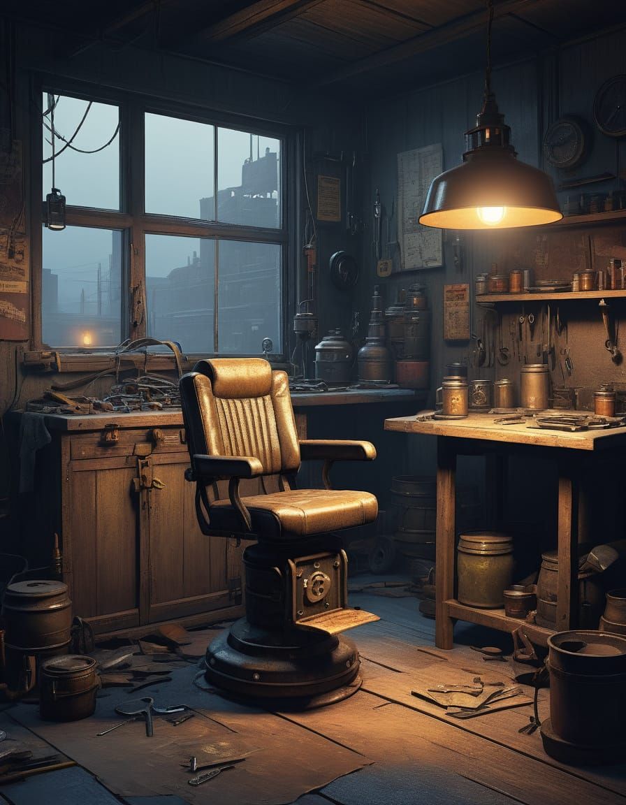 Futuristic Industrial Motorcycle Boots in Rustic Workshop