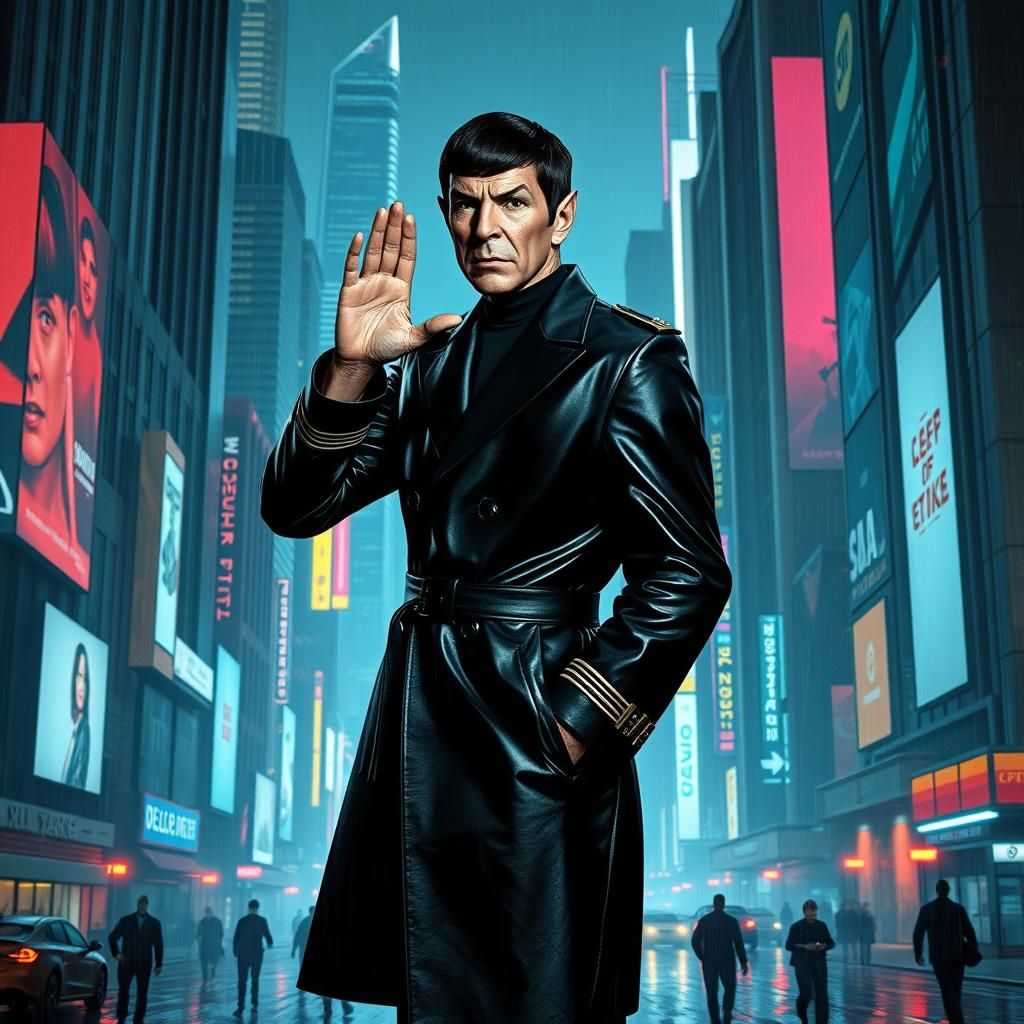 Spock in Cyberpunk Cityscape with Neon Lights