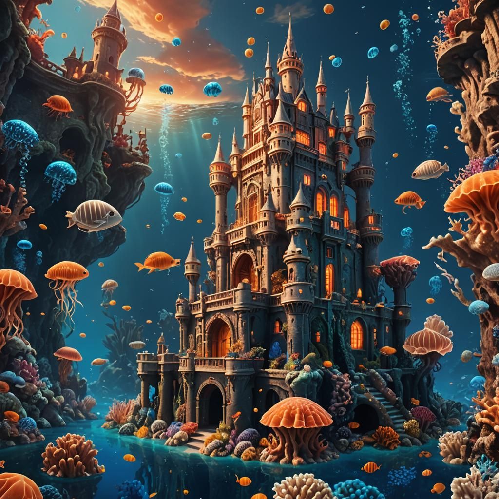 Majestic Underwater Coral Castle in Art Nouveau Style