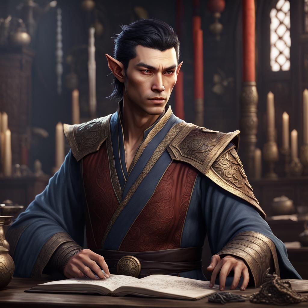 Handsome Asian Half-Elf Scholar in Detailed Matte Painting