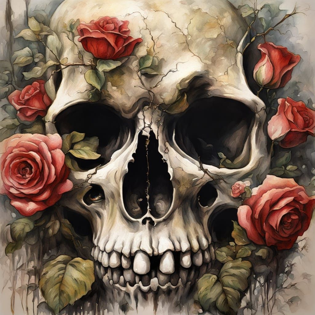 Swamp Skull with Roses, Hyperrealistic Art