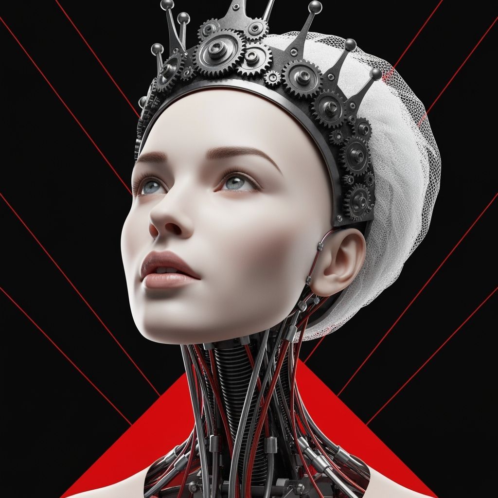 Android Woman with Gear Crown in Minimalist Red and Black
