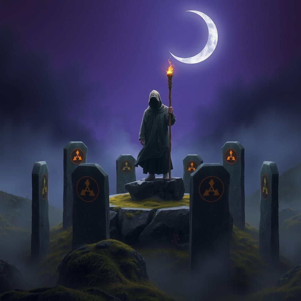 Mystical Moor Monoliths Under Violet Moonlight