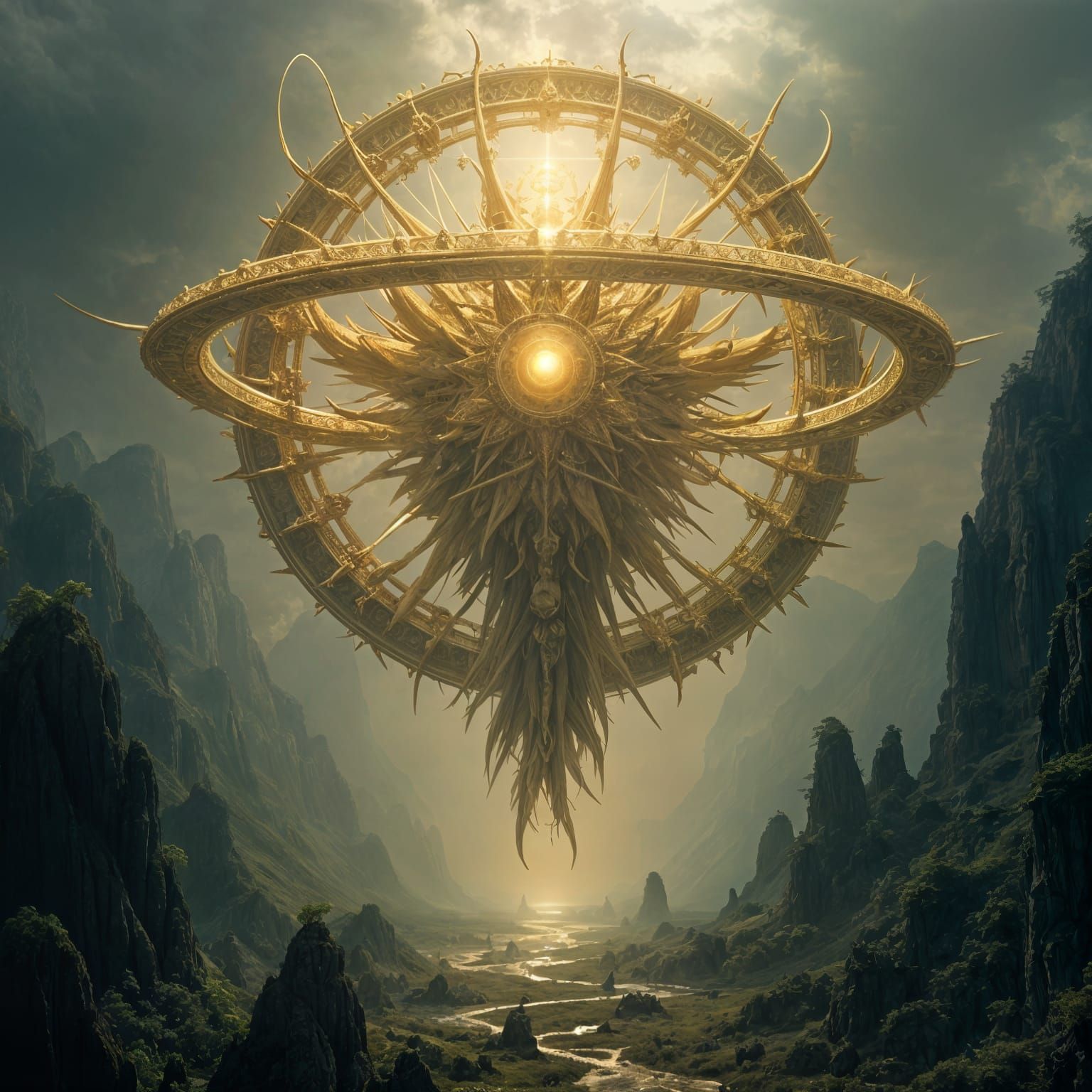 Surreal Eldritch Artwork: Divine Construct Over Misty Mounta...