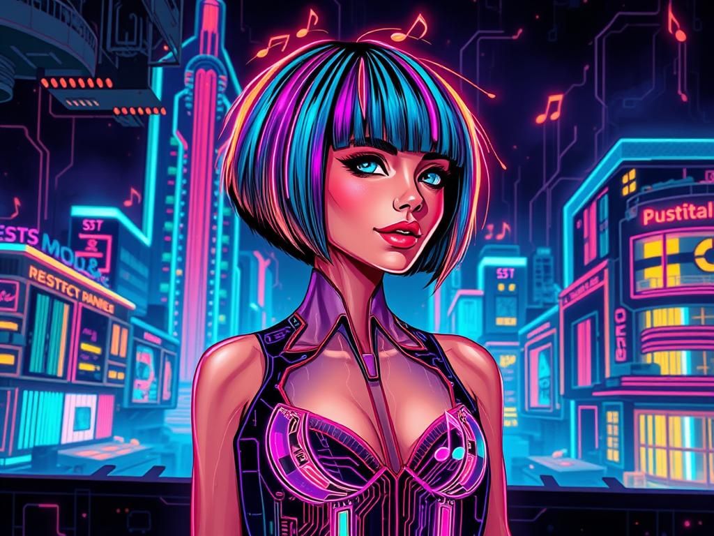 A portrait of a lady with a sleek, futuristic bob hair