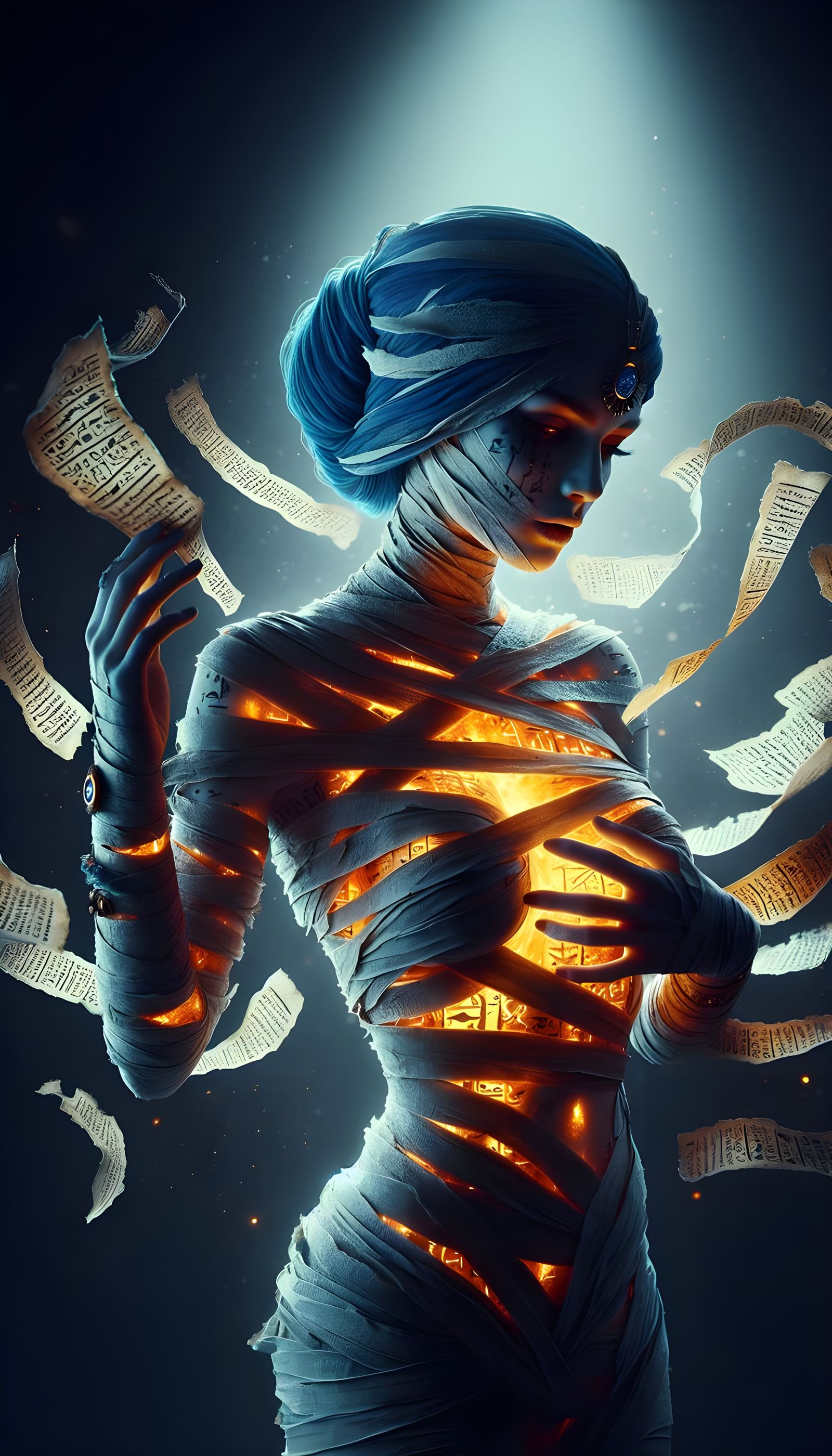 Sapphire-Haired Mummy Enshrouded in Ancient Parchment