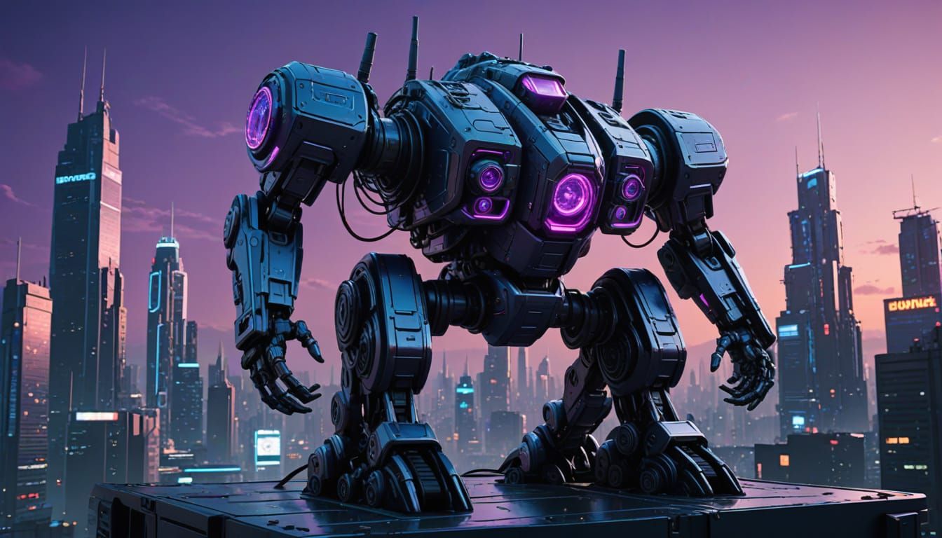 Cyberpunk Mech in Futuristic Cityscape