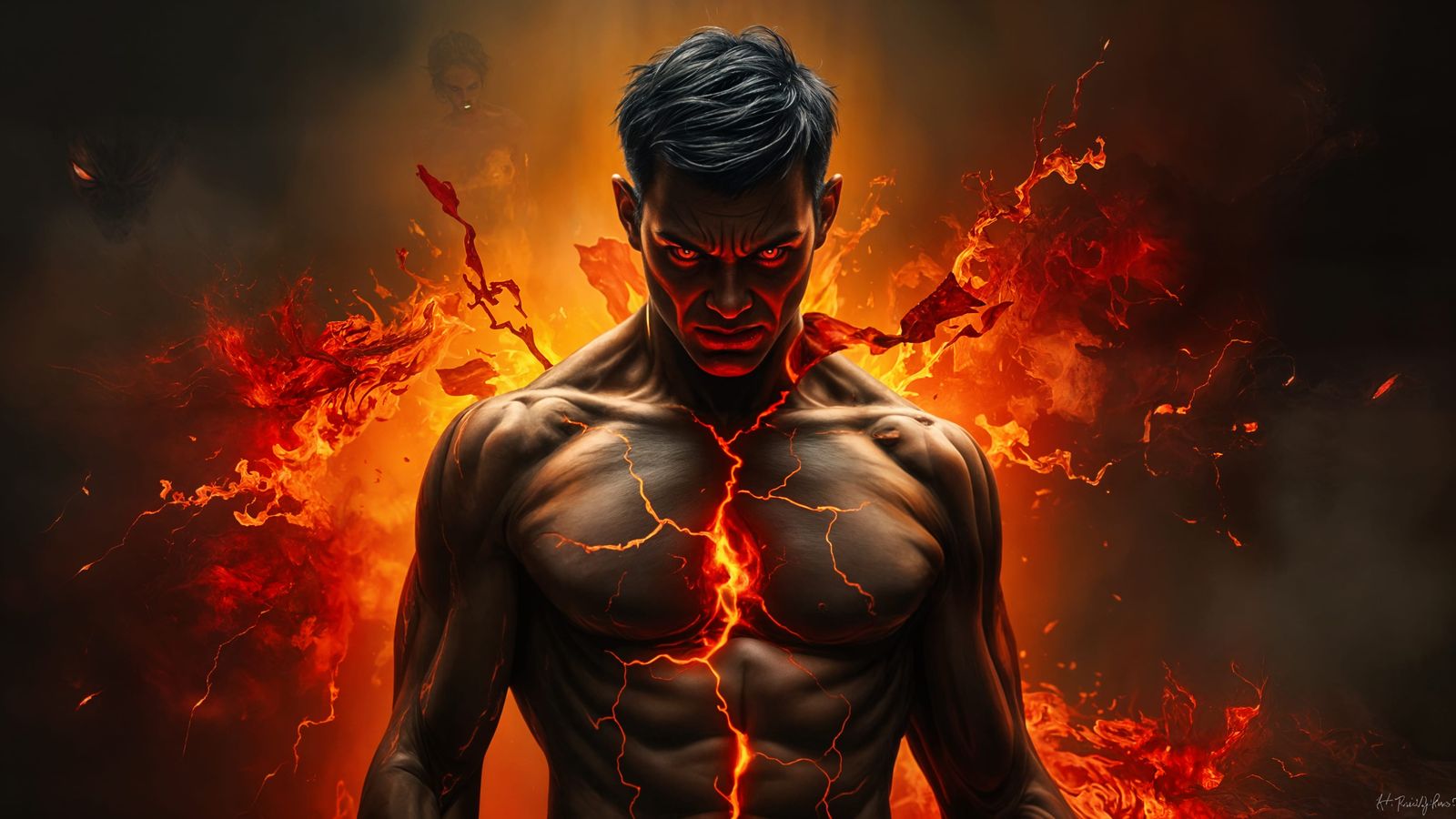 Fury Embodied: Molten Lava Figure in Dramatic Oil Painting