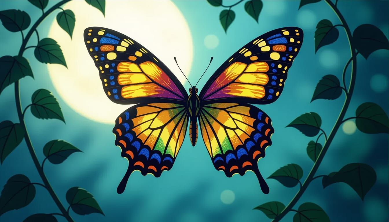 Stained Glass Butterfly in Moonlit Garden