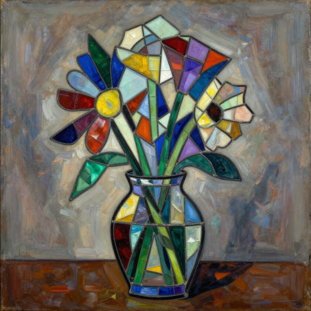 Cubist Flowers in Stained Glass Vase
