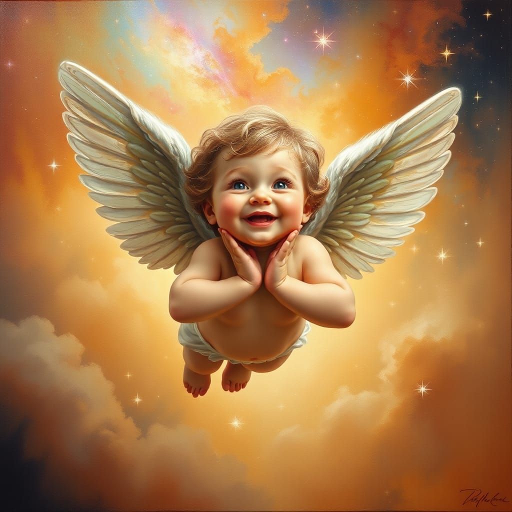 Golden Cosmic Angel in Flight as Oil Painting