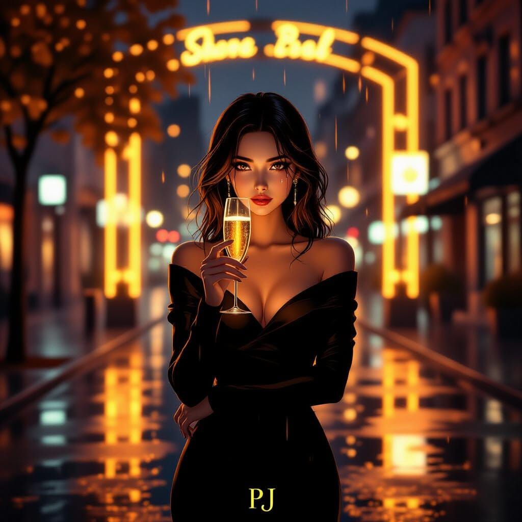 Woman in Golden Neon Rain: Romantic Cyberpunk Night