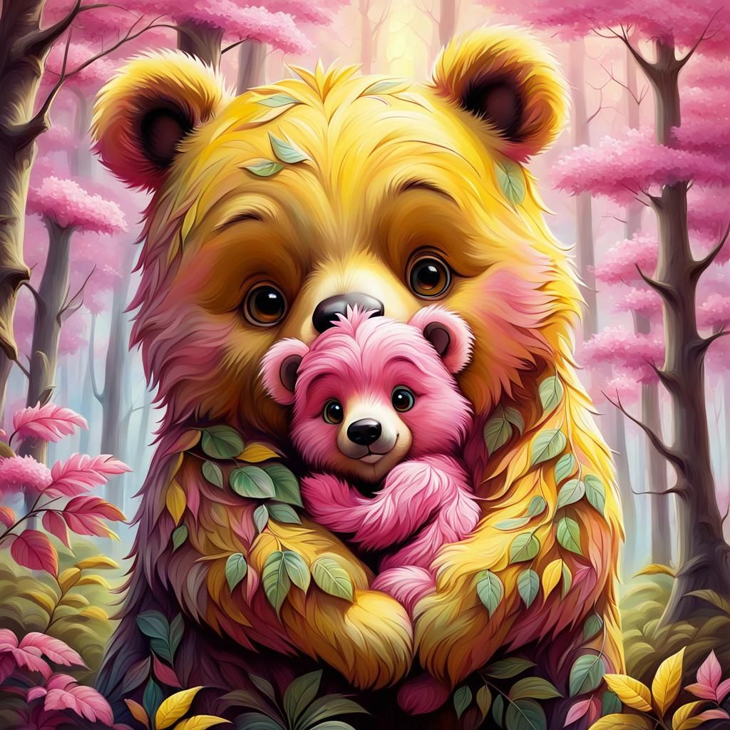 Cute Bear Hugging Tree in Pink and Yellow Airbrush Art