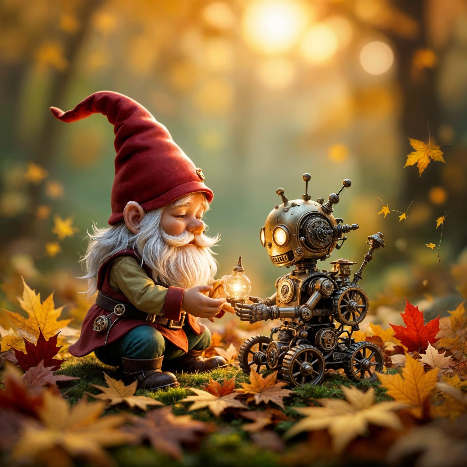Gnome Tends Glowing Steampunk Automaton in Autumn Leaves