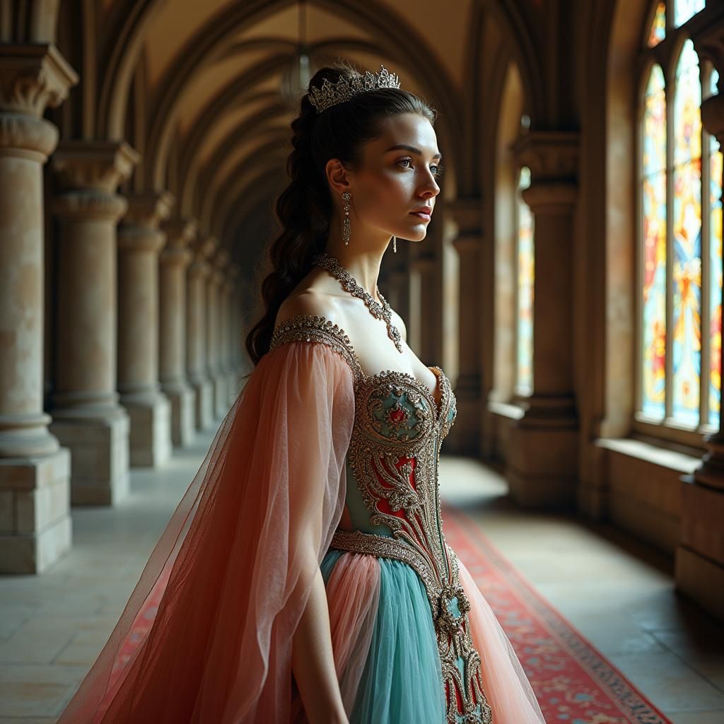 Renaissance Woman with Futuristic Jewelry in Ornate Hallway