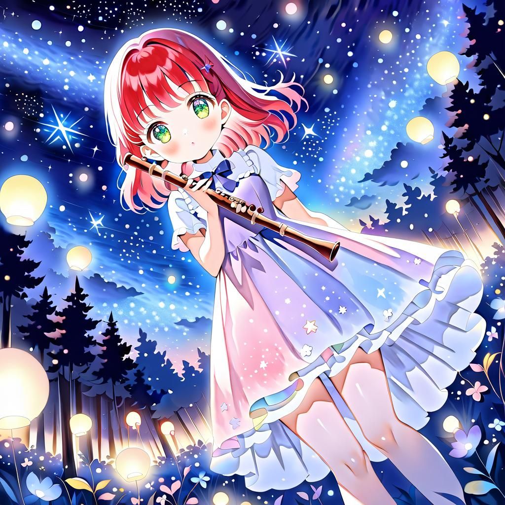 Anime Tiefling Girl in Forest with Flute Faeries