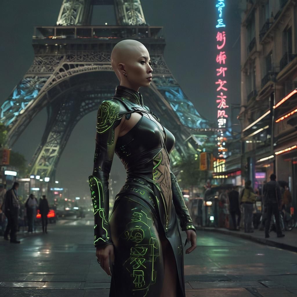 Android Monk in Cyberpunk Paris at Night