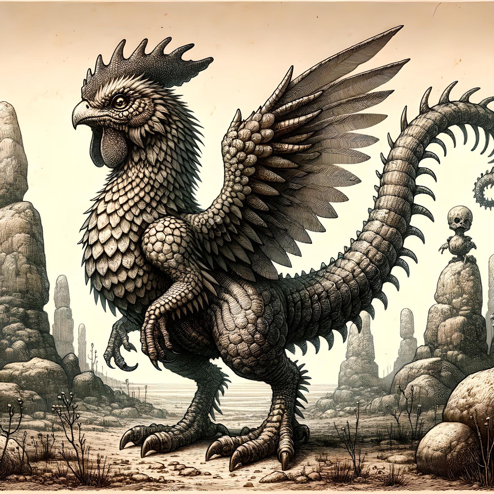 Mythical Cockatrice with Petrifying Gaze in Desolate Landsca...