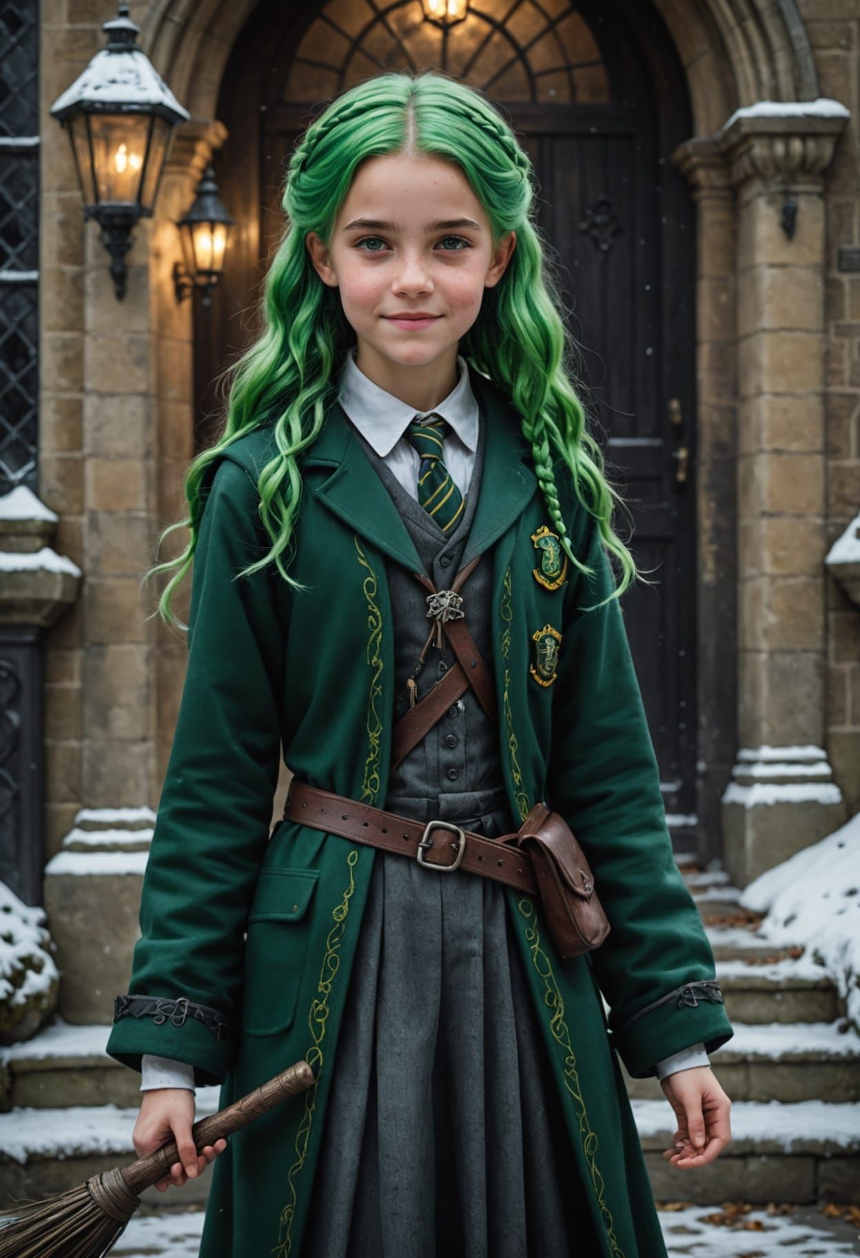 Girl with Green Hair at Hogwarts Entrance