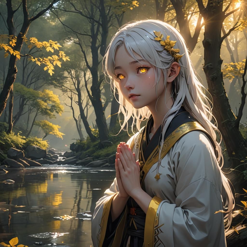 Anime Girl Praying at Sunrise in Forest
