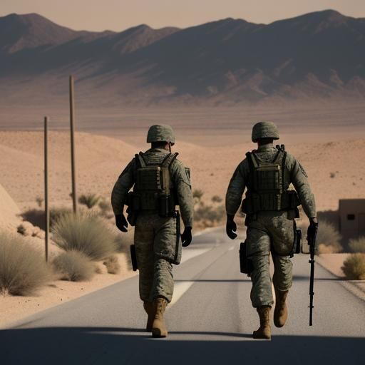 Soldiers Patrolling Desert Town in Golden Hour Light