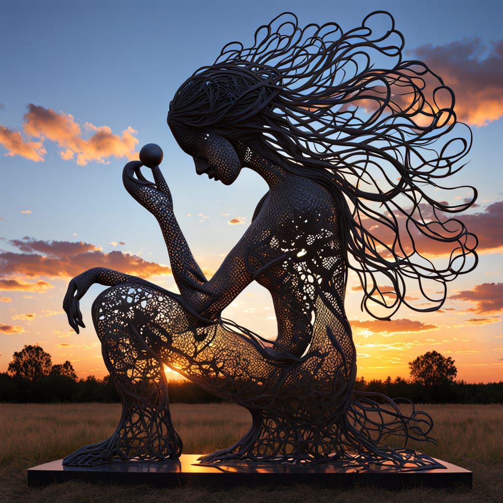 Surreal Fragmented Sculpture of Woman at Sunset