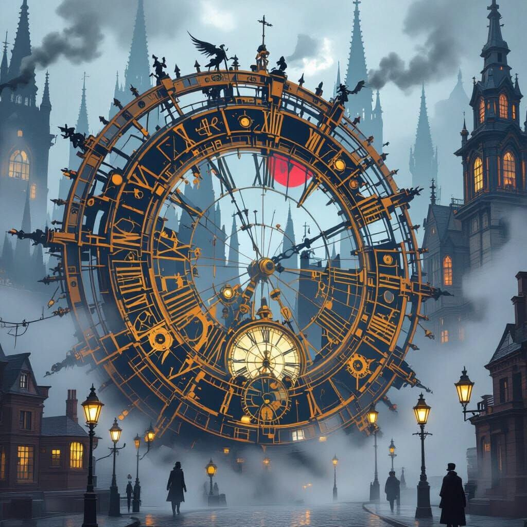 Steampunk Victorian City Under Blood Moon