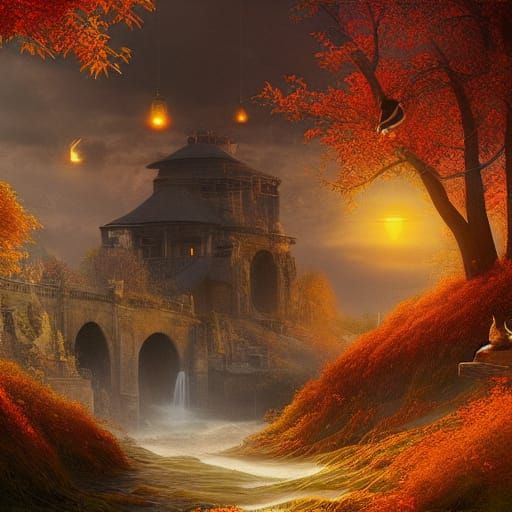 Cinematic Autumn Cat Digital Painting