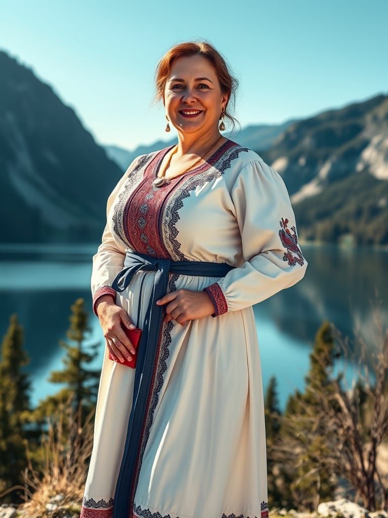 Elegant Romanian Woman in Traditional Attire, Standing by a ...