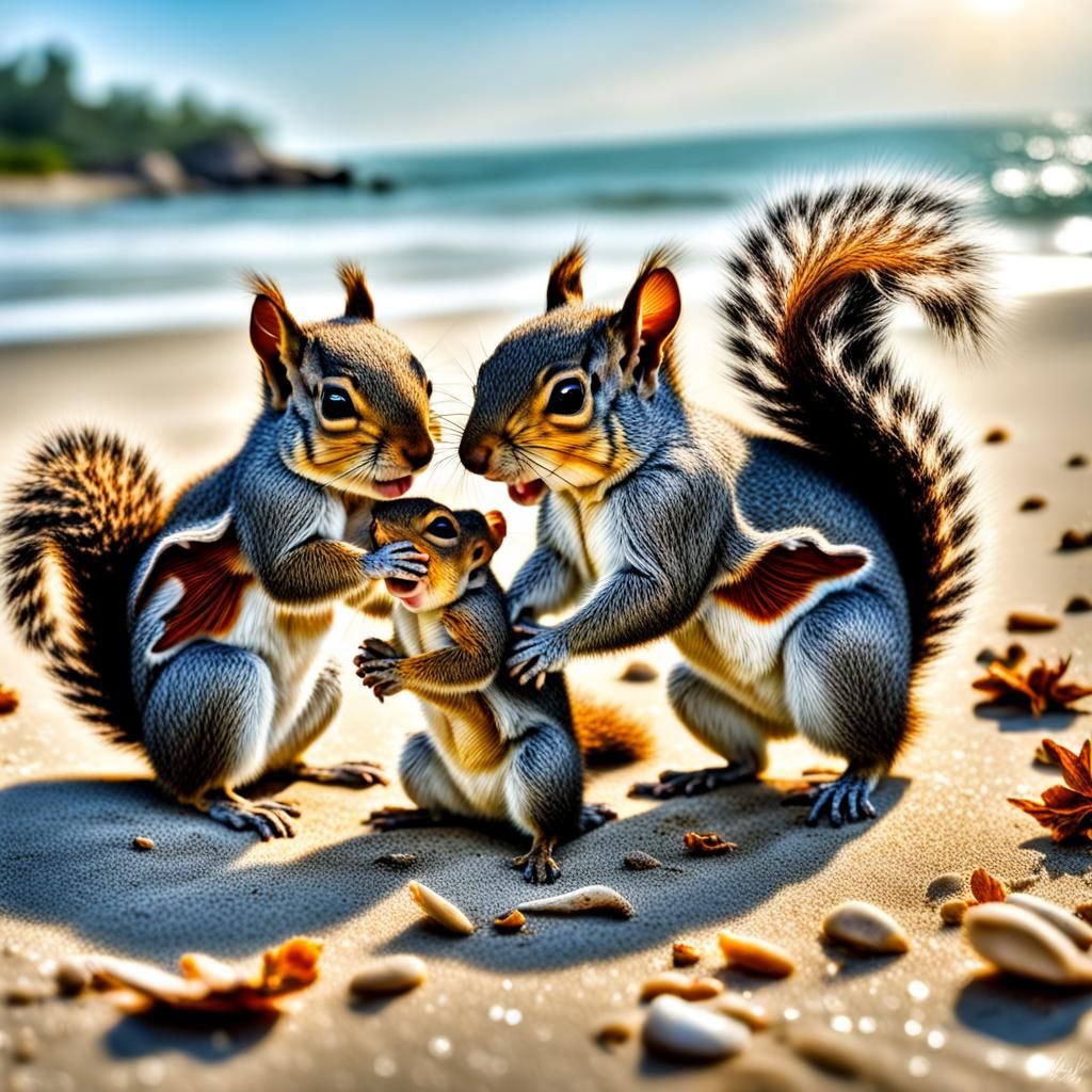 Hyperrealistic Baby Squirrels Playing on the Beach